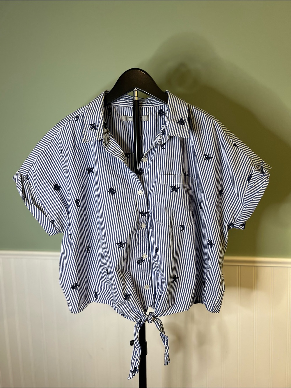 Marc New York Striped Tie-Front Navy/White Cotton Fish Button-Down Shirt.Size XL